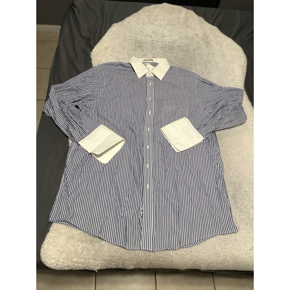 Stafford Executive French Cuff Dress Shirt Mens 18 35 Big Blue Striped NWD